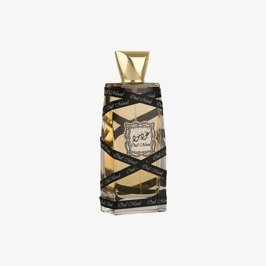 Oud Mood perfume bottle with gold cap and black decorative bands on white background
