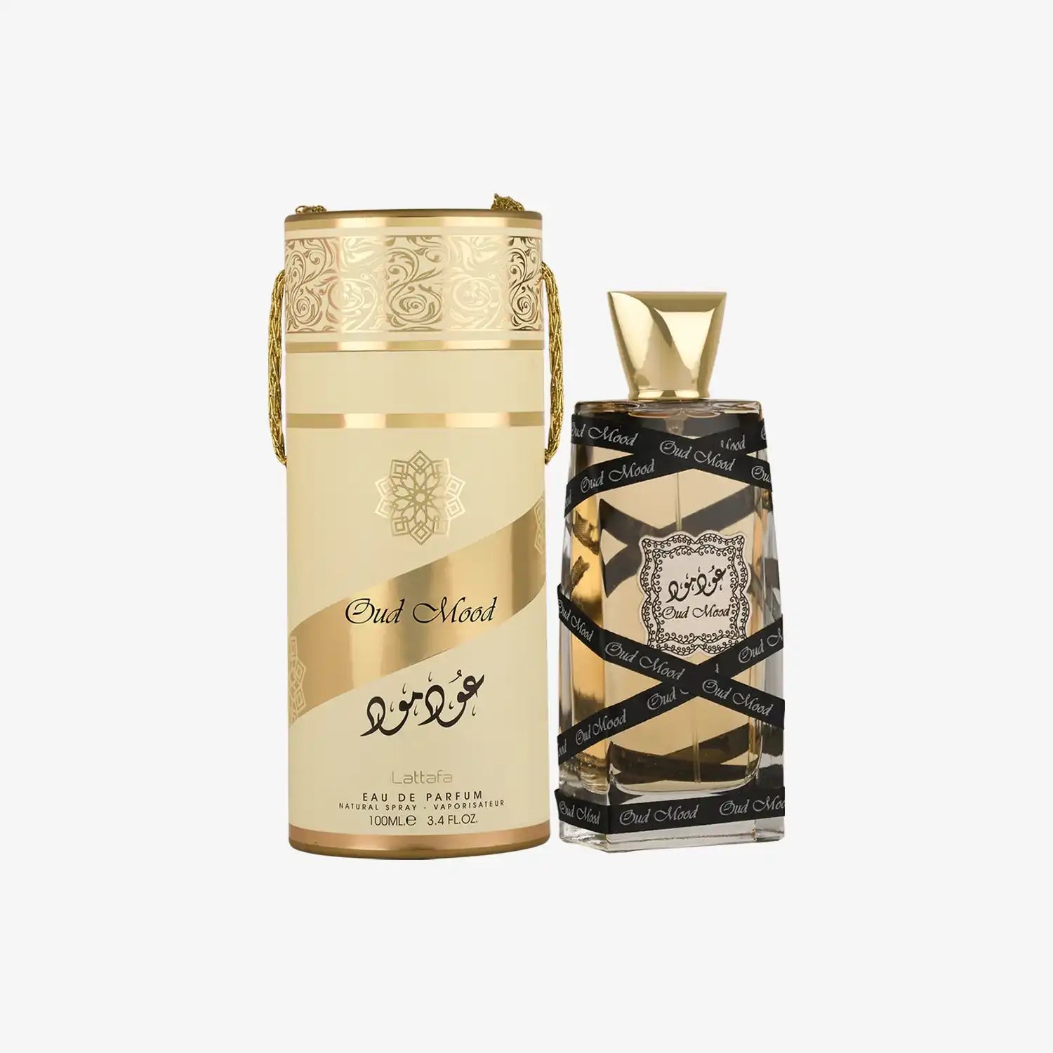 Oud Mood perfume bottle with gold decorative container, Middle Eastern fragrance, 100ml