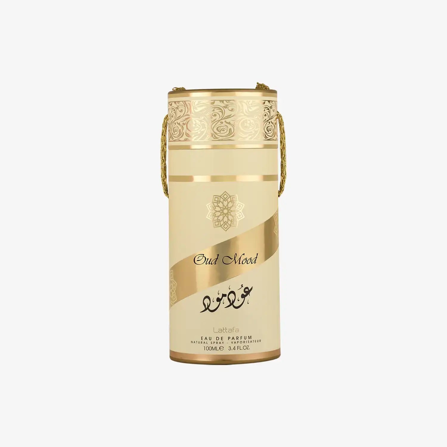 Oud Mood gold perfume bottle with Arabic script and ornate decorative design
