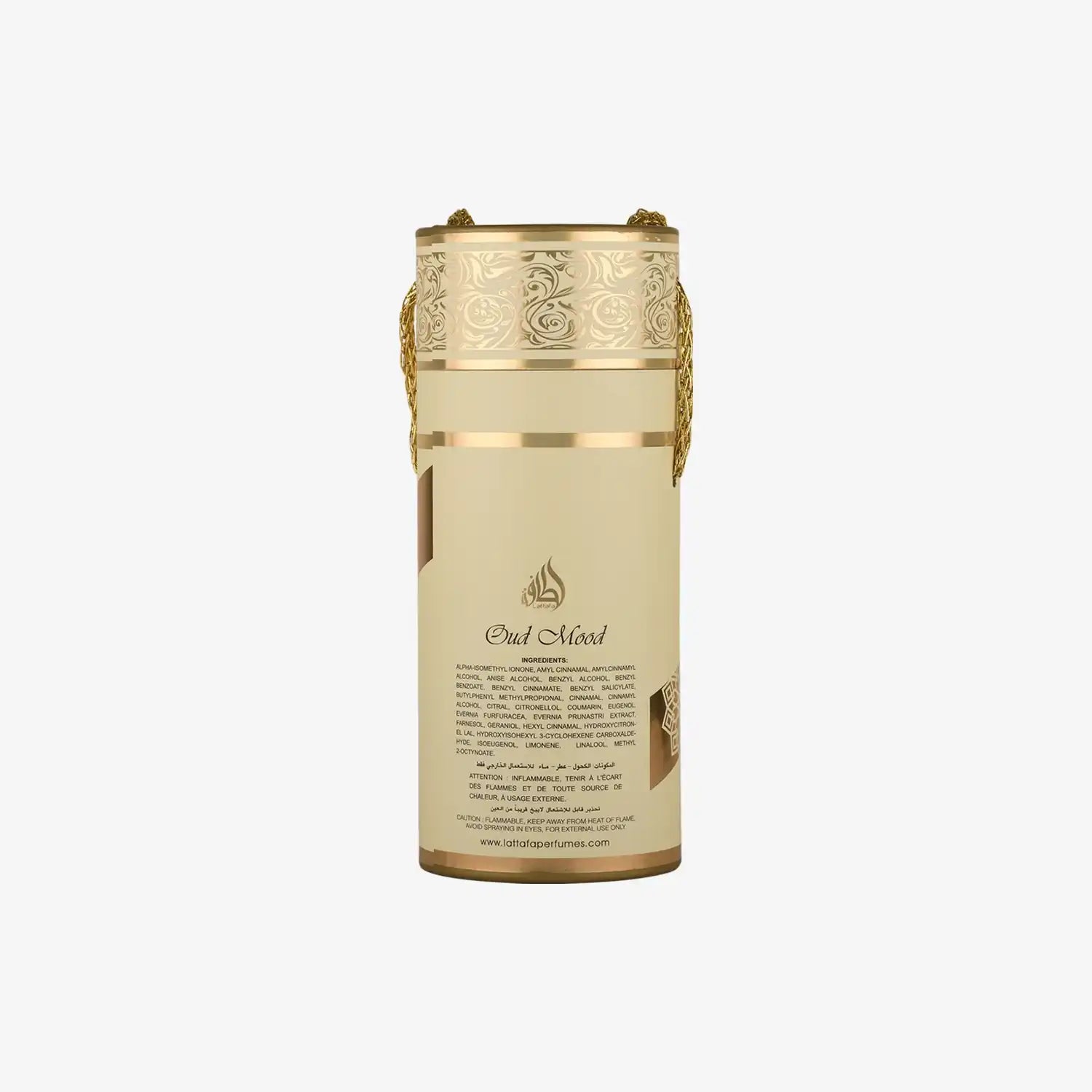 Elegant gold Oud Mood perfume bottle with Arabic text and ornate detailing