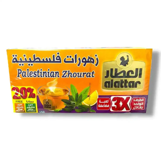 Box of Palestinian Zhourat herbal tea with mint and lemon, Middle Eastern herbs blend