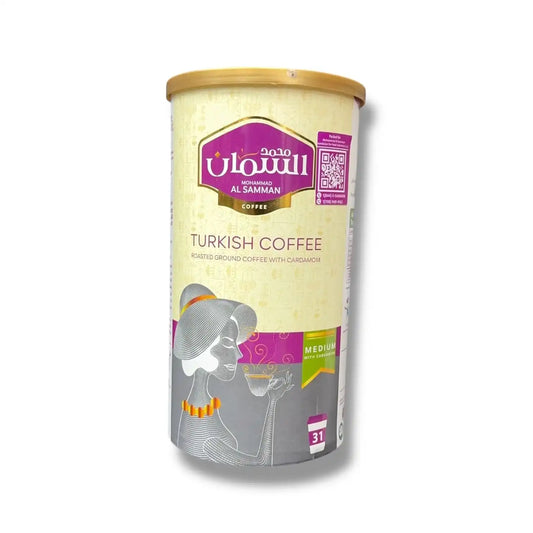 Mohammad Al Samman Turkish coffee tin with cardamom, medium roast, Middle Eastern design