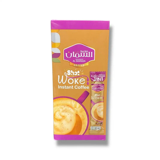 Al Samman Woke instant coffee package with a cup of creamy coffee on the front