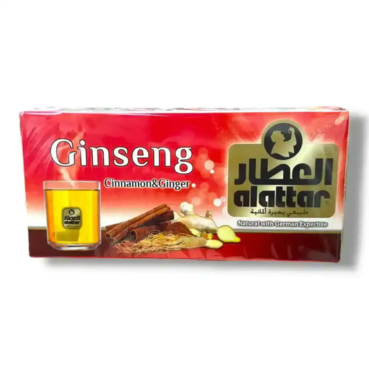 Ginseng cinnamon and ginger tea box with cinnamon sticks, ginger, and a glass of herbal tea