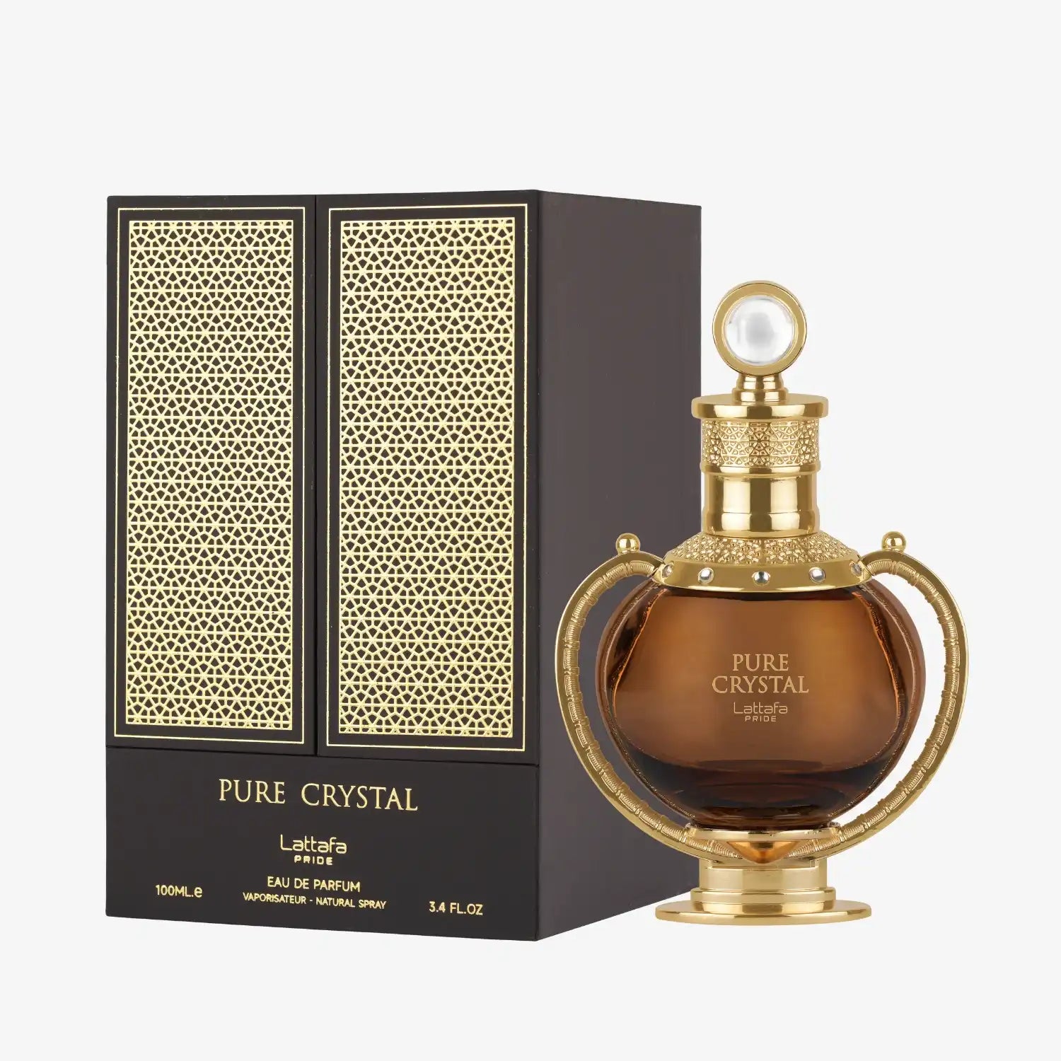 Pure Crystal perfume bottle with gold details and matching decorative box, Middle Eastern fragrance