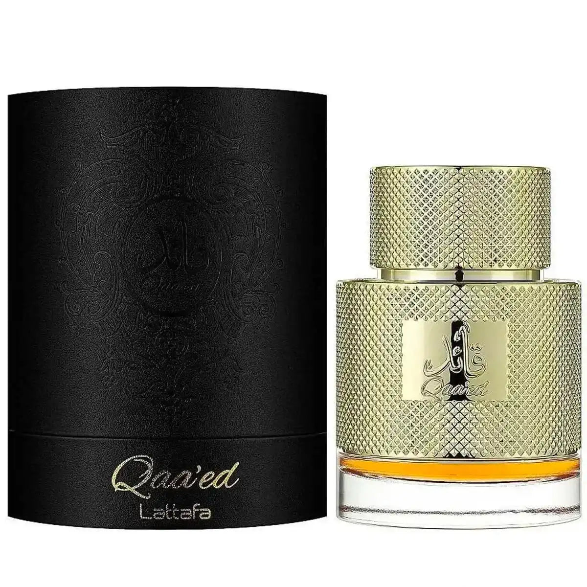 Luxury Qaa'ed Lattafa Eau De Parfum bottle with gold textured design and black box