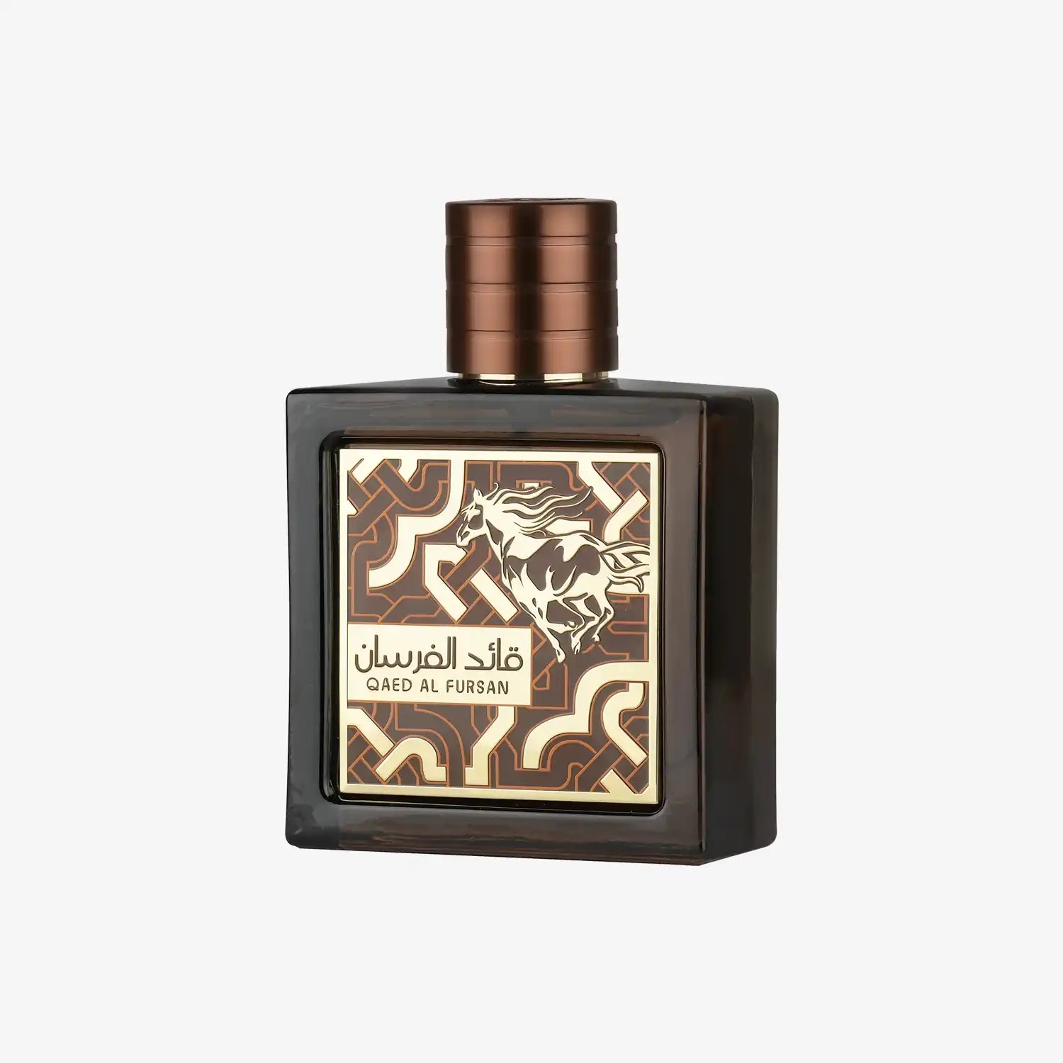 Qaed Al Fursan perfume bottle with Arabic calligraphy and horse design, Middle Eastern fragrance