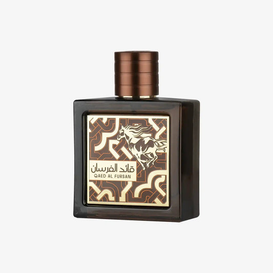 Qaed Al Fursan perfume bottle with Arabic calligraphy and horse design, Middle Eastern fragrance