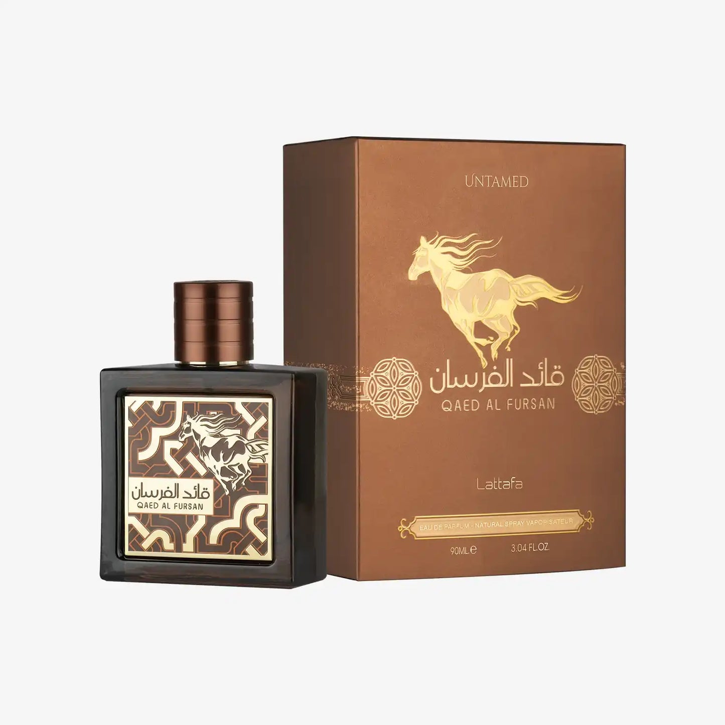 Qaed Al Fursan Untamed perfume bottle and box with gold horse design, Arabic text
