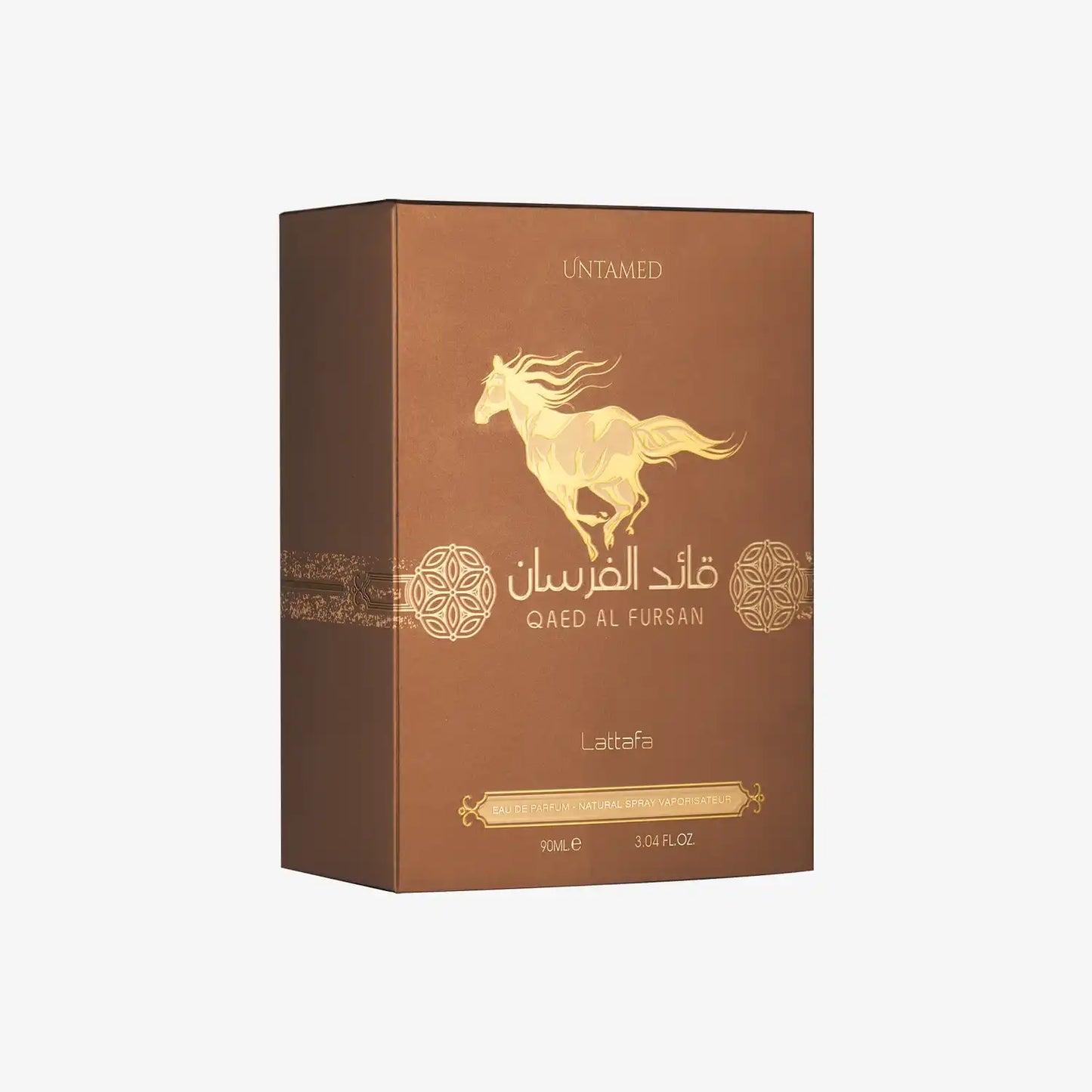 Qaed Al Fursan Untamed perfume box with gold horse and decorative Arabic motifs