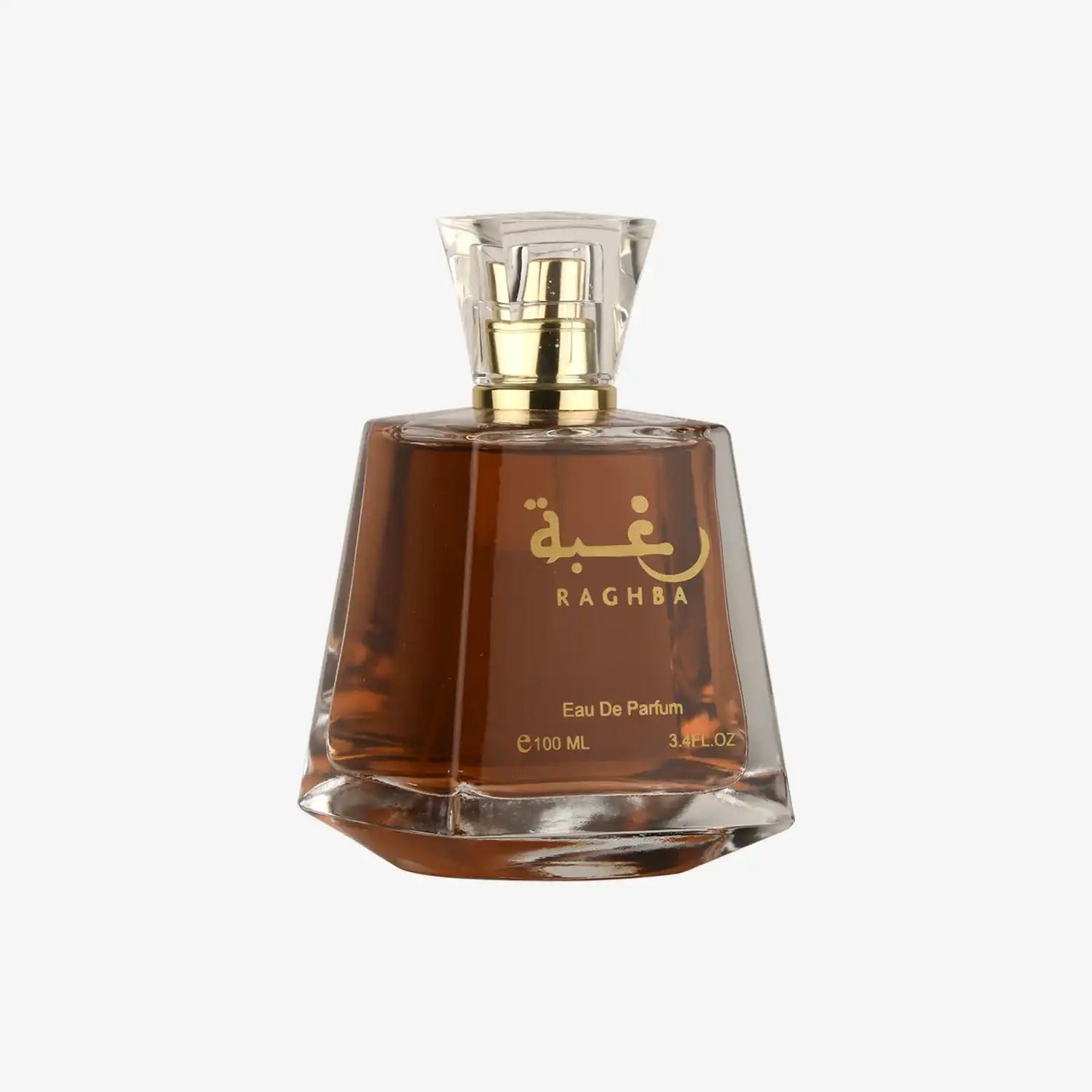 Raghba Eau de Parfum bottle with gold lettering and amber liquid, 100ml size