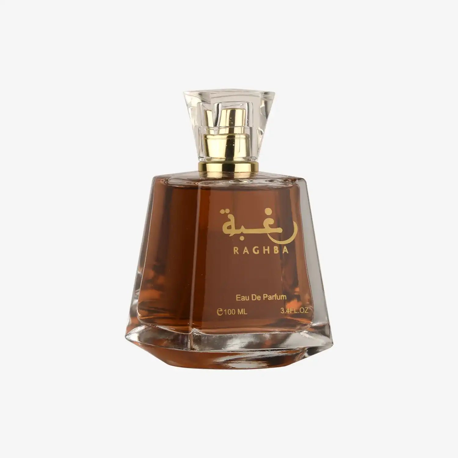 Raghba Eau de Parfum bottle with gold lettering and amber liquid, 100ml size