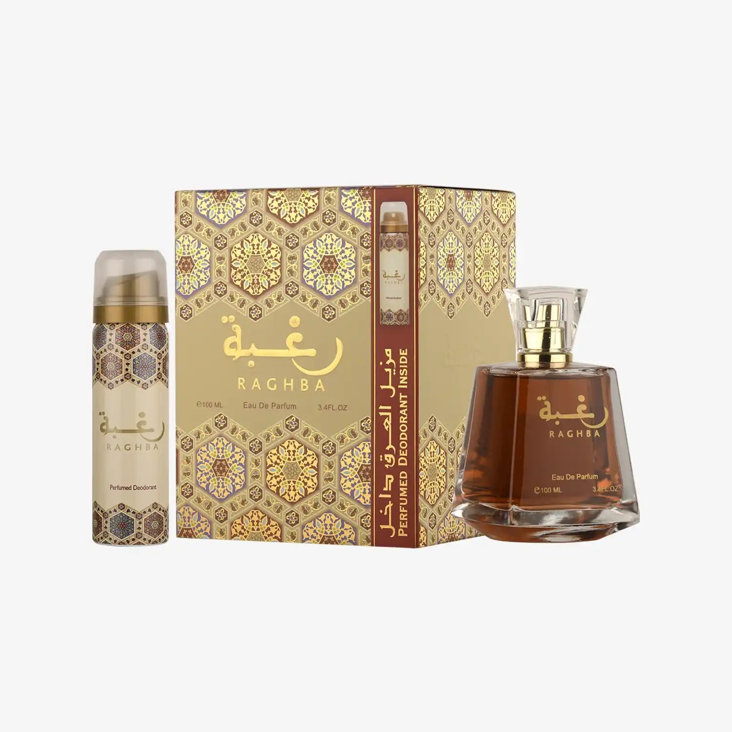 Raghba Eau De Parfum and perfumed deodorant set with ornate gold patterned box