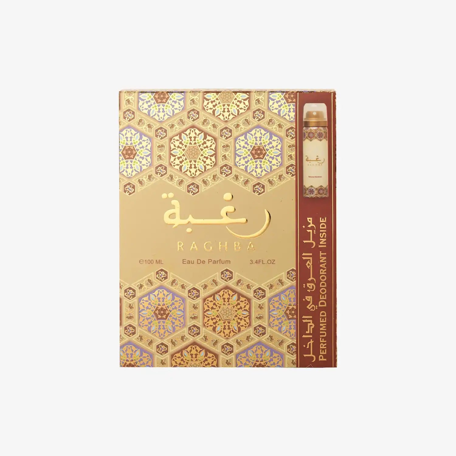 Raghba Eau De Parfum box with Middle Eastern geometric gold patterns, includes deodorant