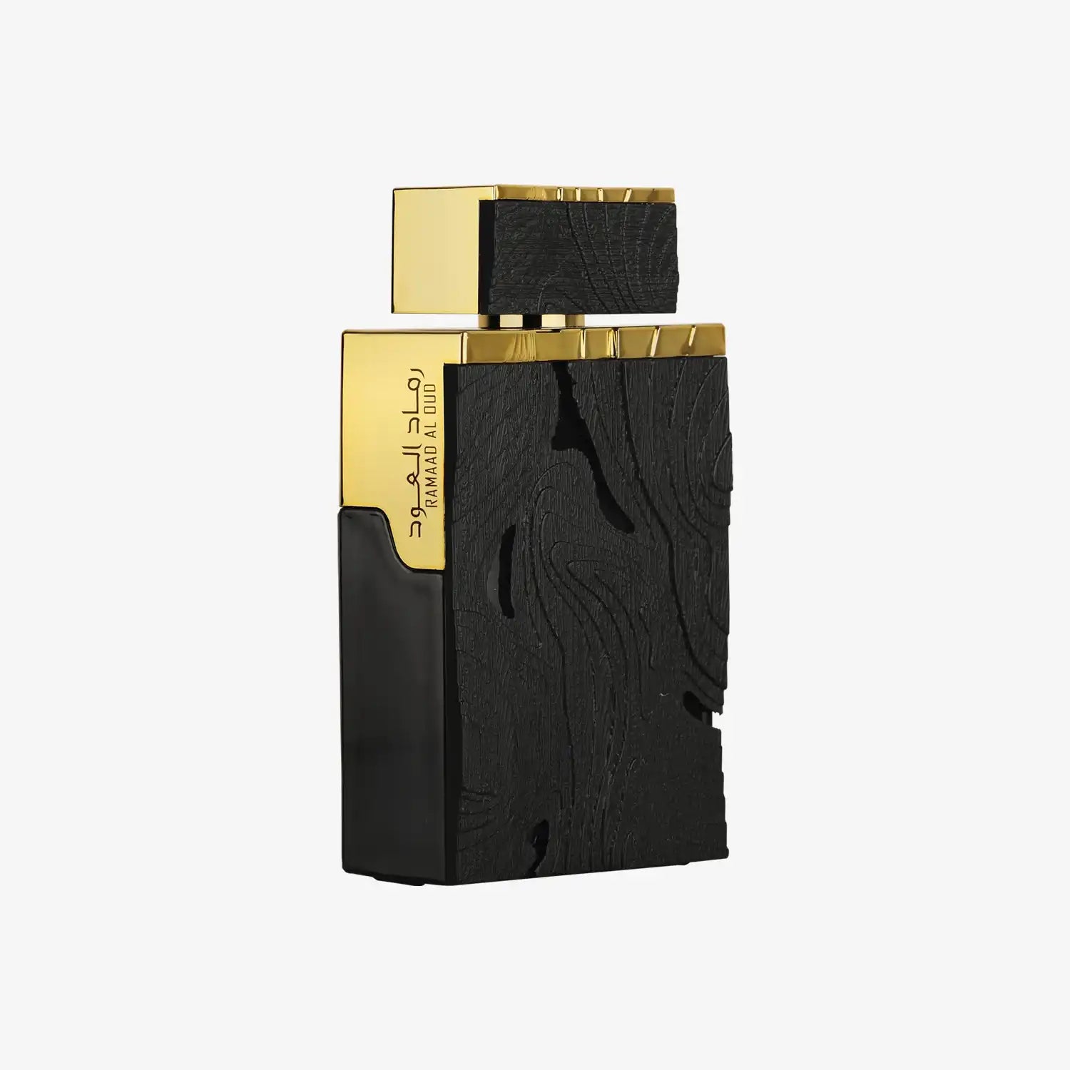 Luxury black and gold perfume bottle with Arabic and English text, Middle Eastern fragrance