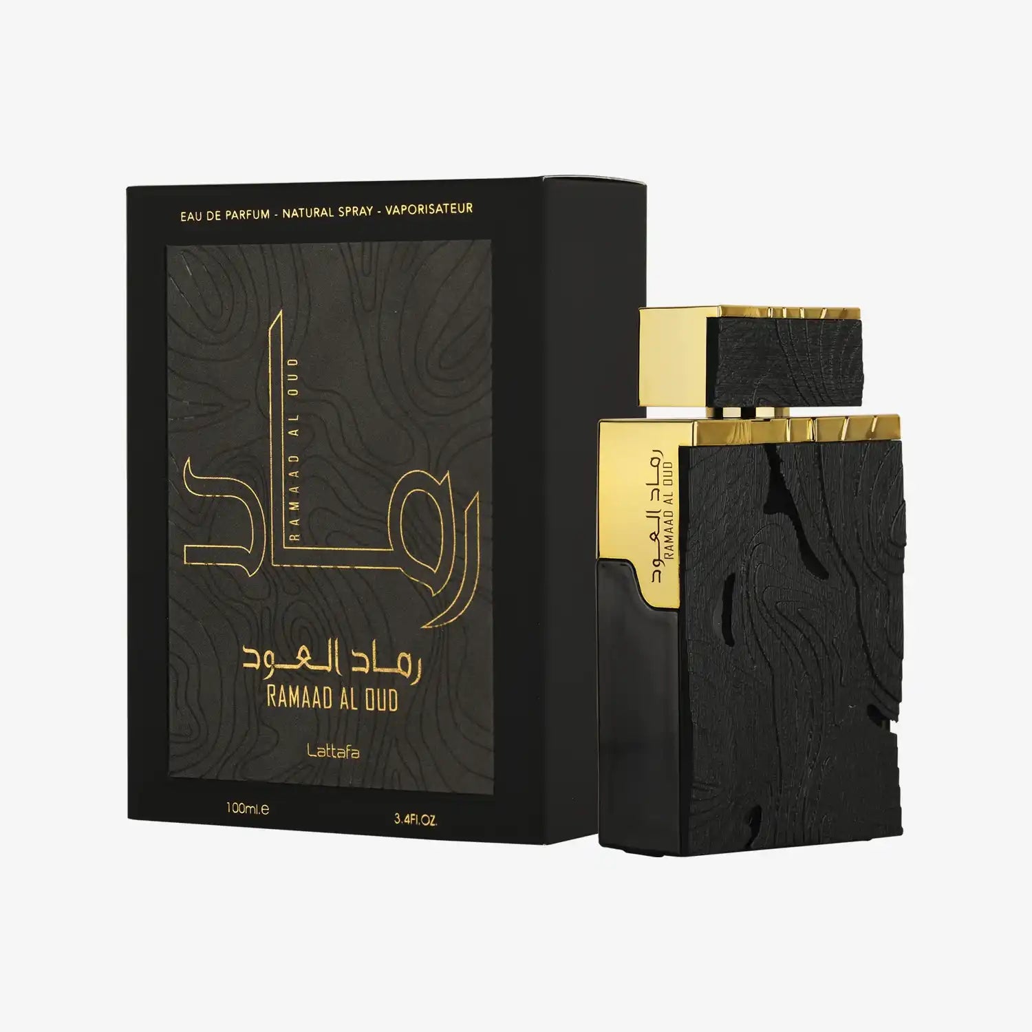 Ramaad Al Oud eau de parfum 100ml black and gold bottle with matching box