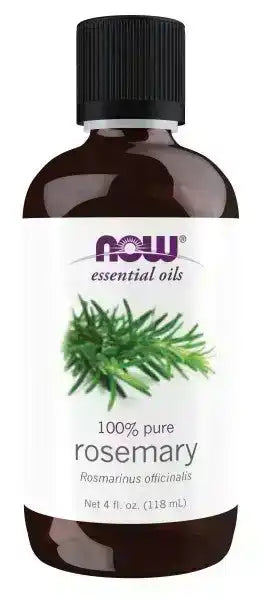 Brown bottle of 100% pure rosemary essential oil with green rosemary sprig on the label