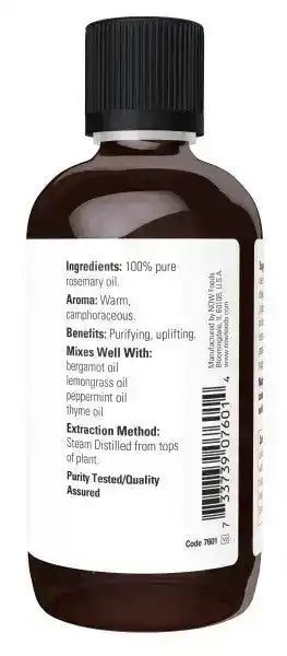 Brown bottle of 100% pure rosemary oil with clear ingredient and usage label.