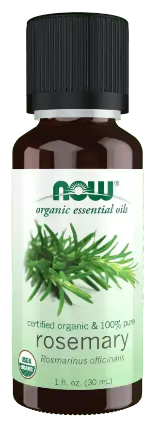 Bottle of organic rosemary essential oil with green rosemary illustration on label