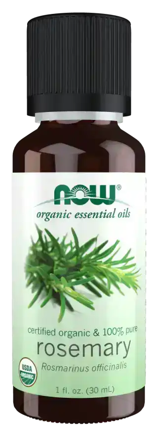 Organic rosemary essential oil bottle with rosemary sprig illustration and USDA organic label