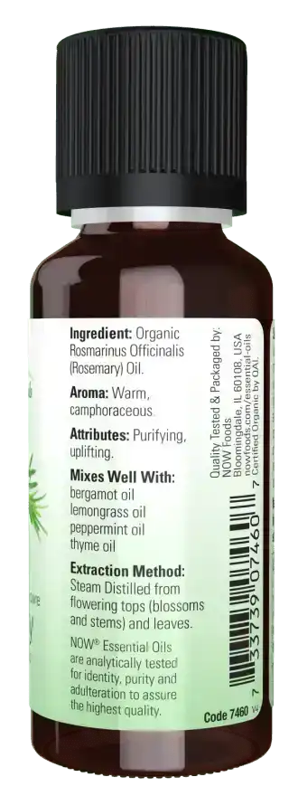 Brown glass bottle of organic rosemary essential oil with black cap and product label details.