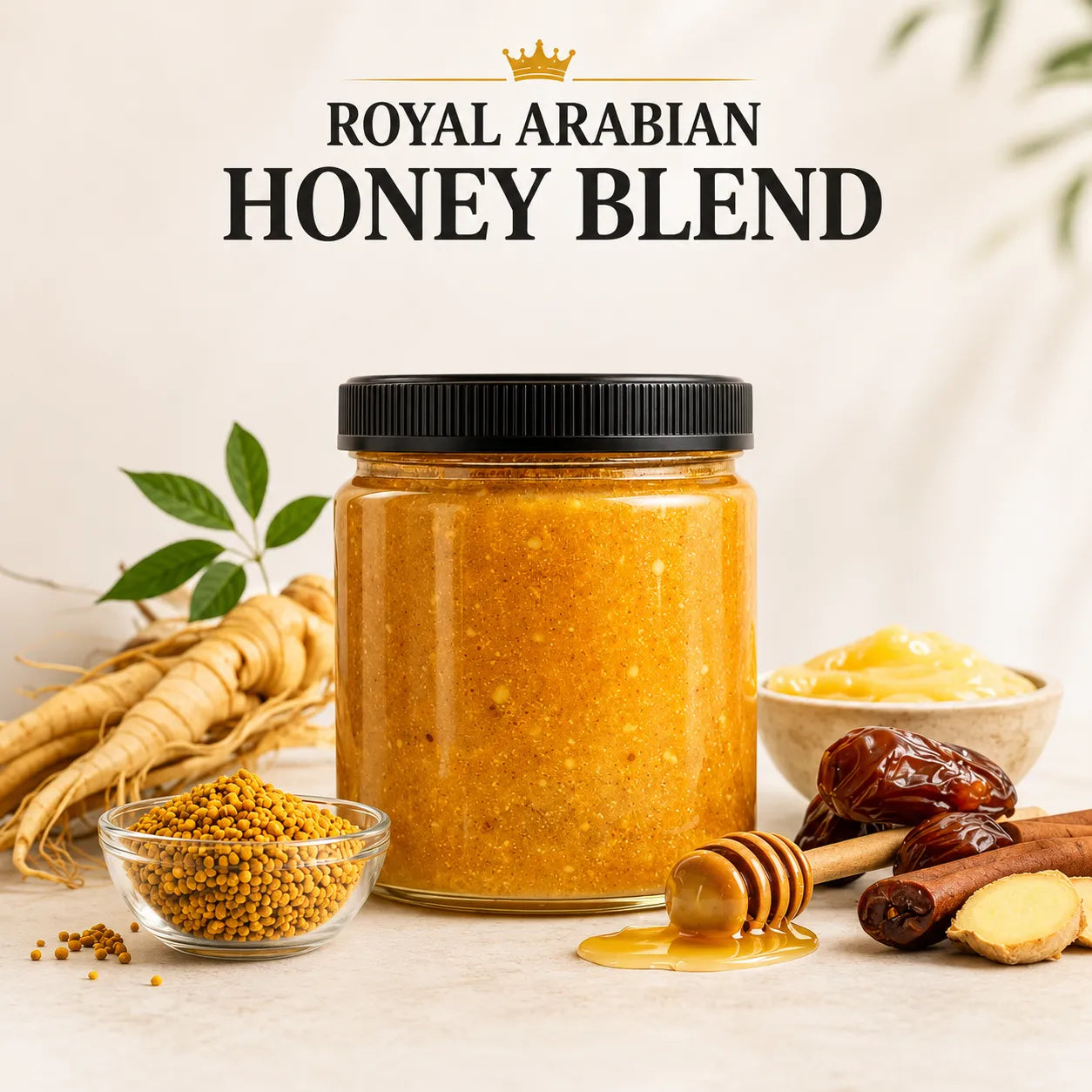 Royal Arabian Honey Blend jar of natural Jordanian honey with bee pollen, dates, cinnamon and ginger
