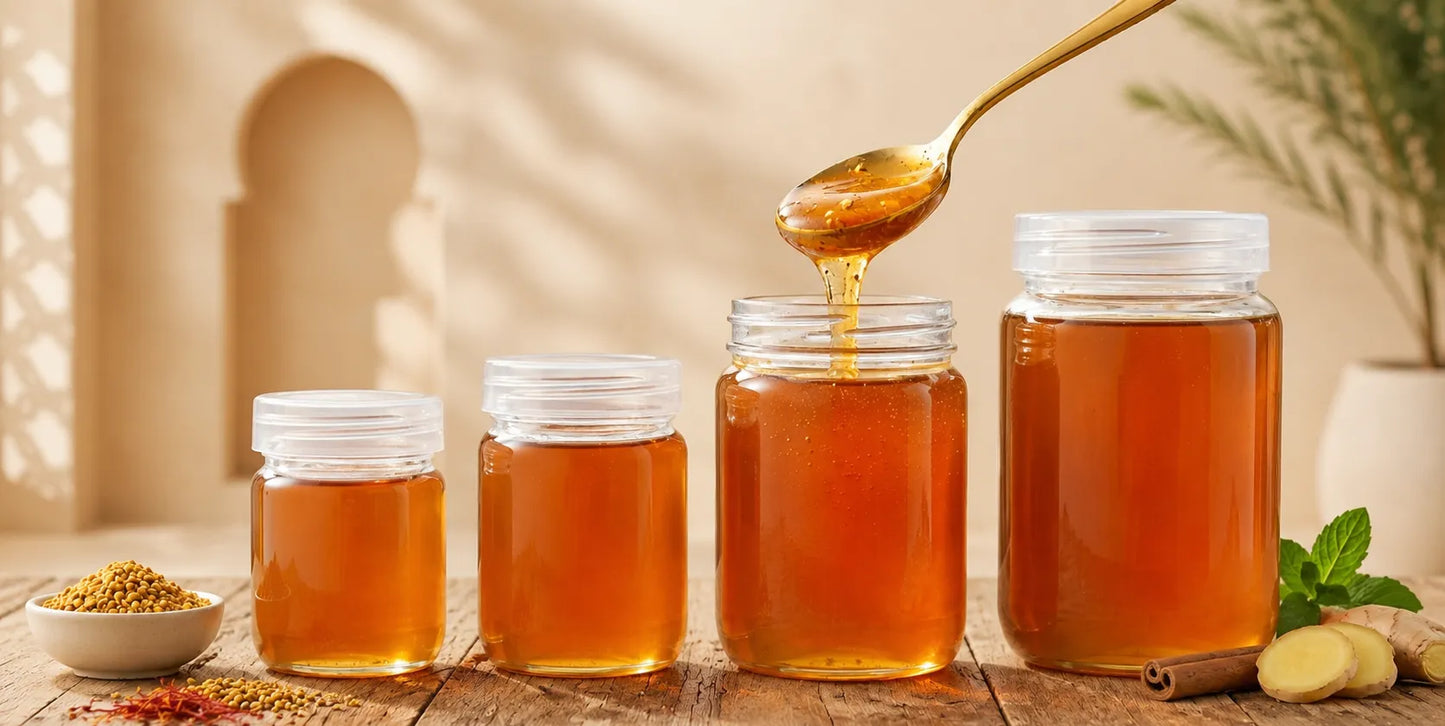 Royal Arabian Honey Blend natural honey jar with bee pollen, dates and warm spices