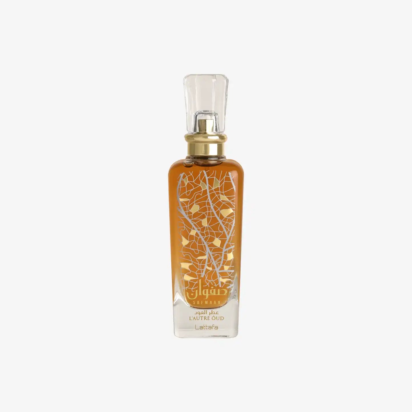 Elegant glass bottle of Lattafa L’autre Oud perfume with gold accents and leaf design