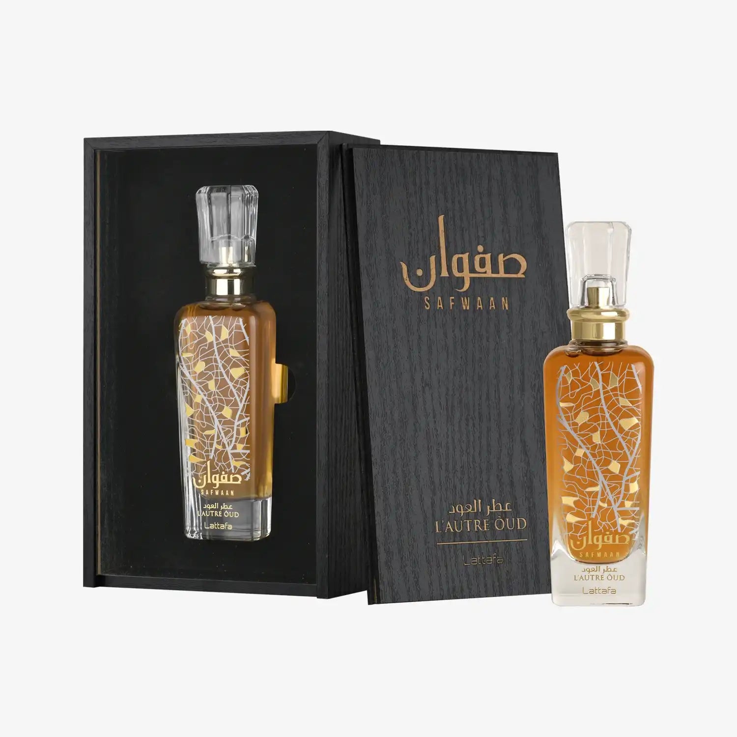 Safwaan L’Autre Oud perfume bottle with gold leaf design and elegant black box