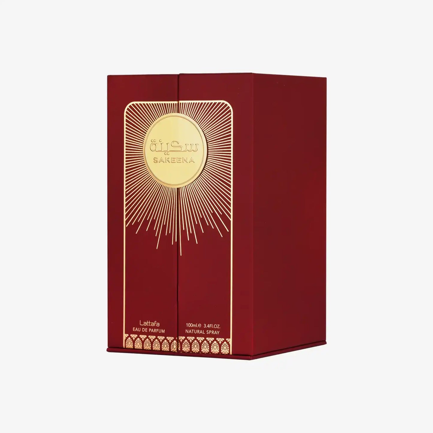 Red and gold Sakeena perfume box with Middle Eastern design elements