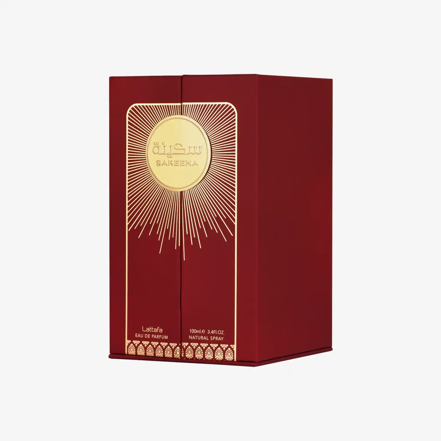 Red and gold Sakeena perfume box with Middle Eastern design elements