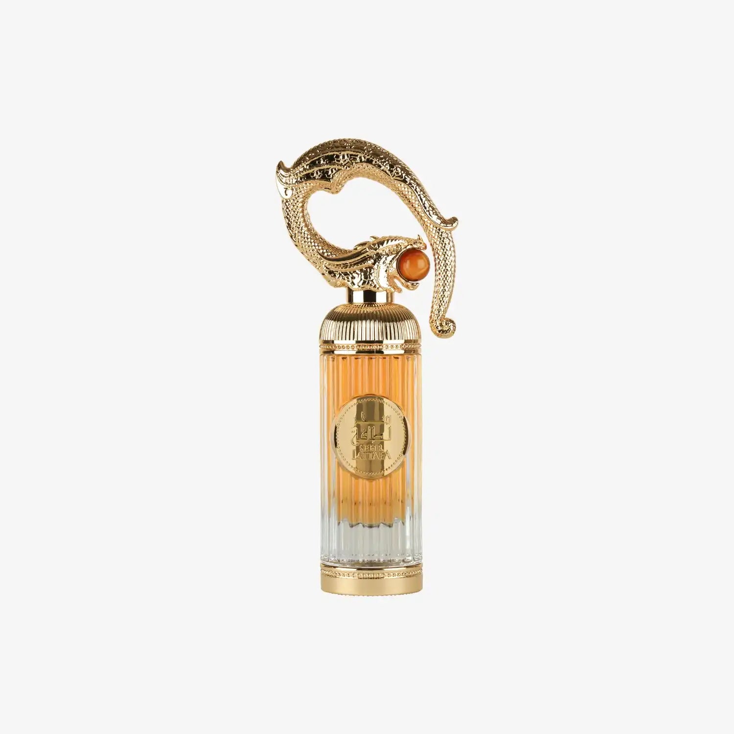 Middle Eastern luxury perfume bottle with ornate gold cap and amber gradient glass
