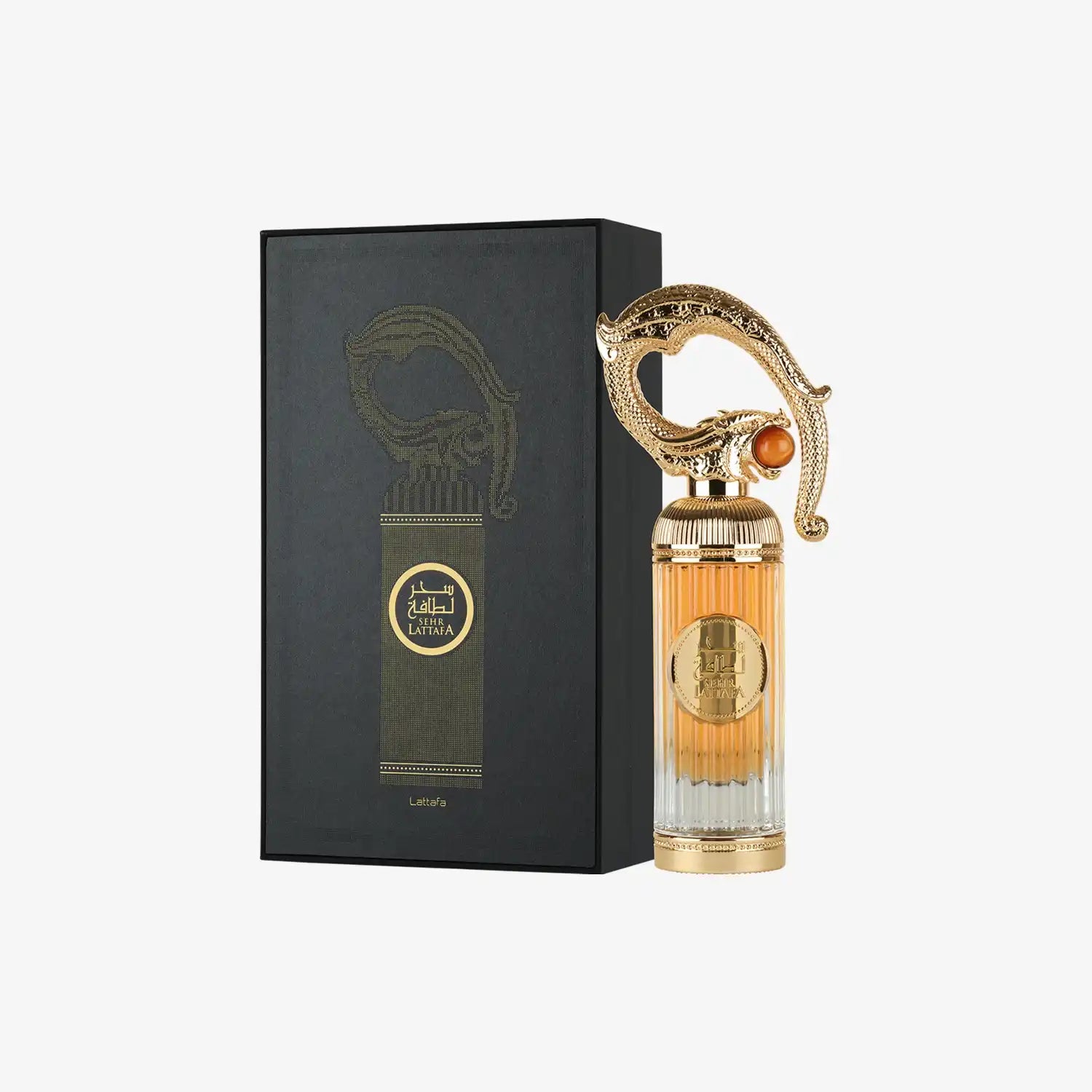 Luxury Middle Eastern perfume bottle with ornate gold cap and matching decorative box.