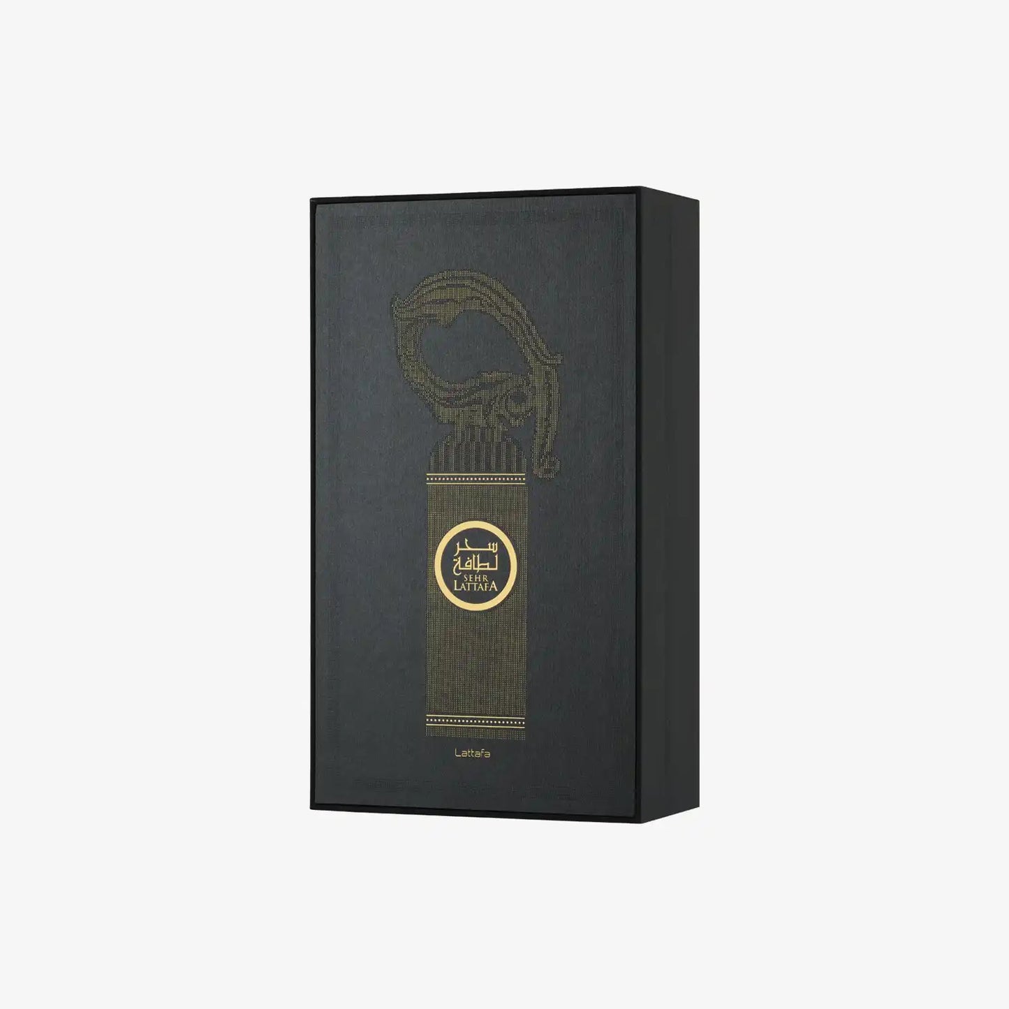 Luxurious Sehr Lattafa perfume box with elegant gold design on black background