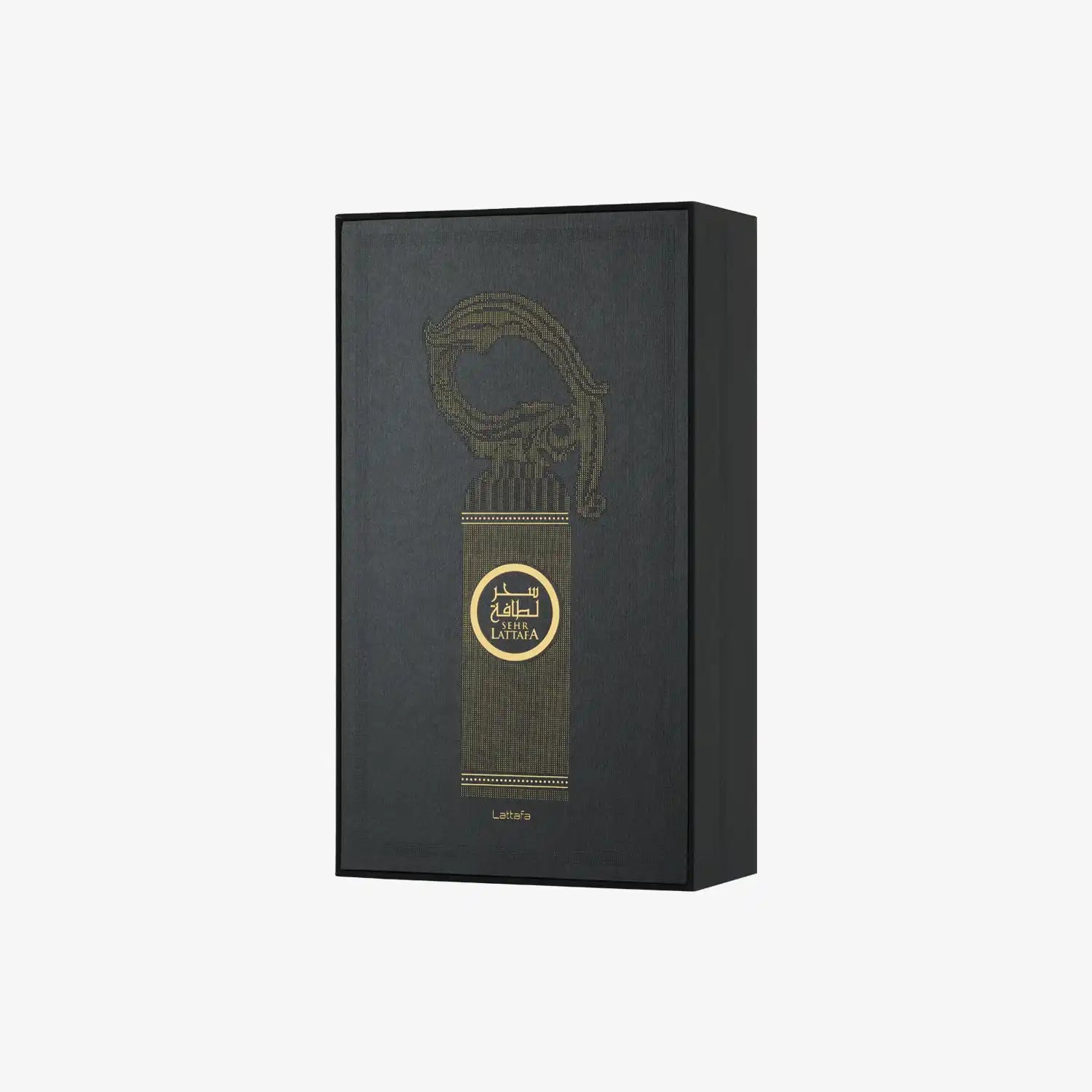 Luxurious Sehr Lattafa perfume box with elegant gold design on black background