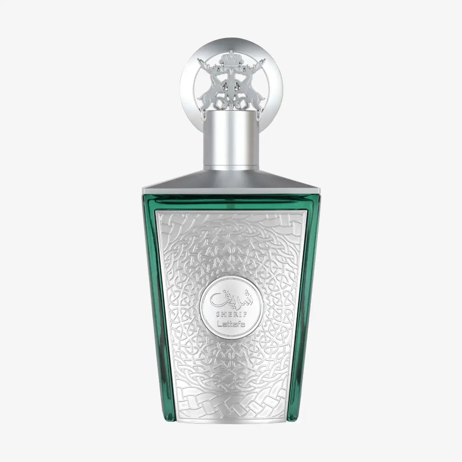 Middle Eastern perfume bottle with intricate silver design and green accents