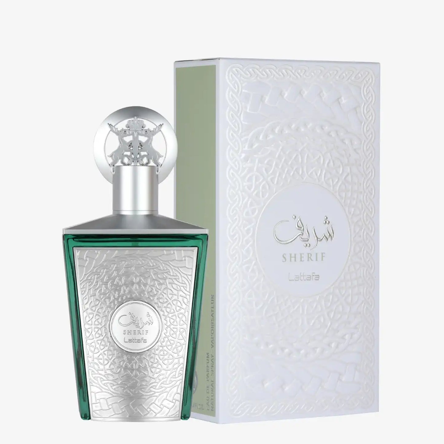 Sherif Lattafa perfume bottle with silver embossed design and matching box