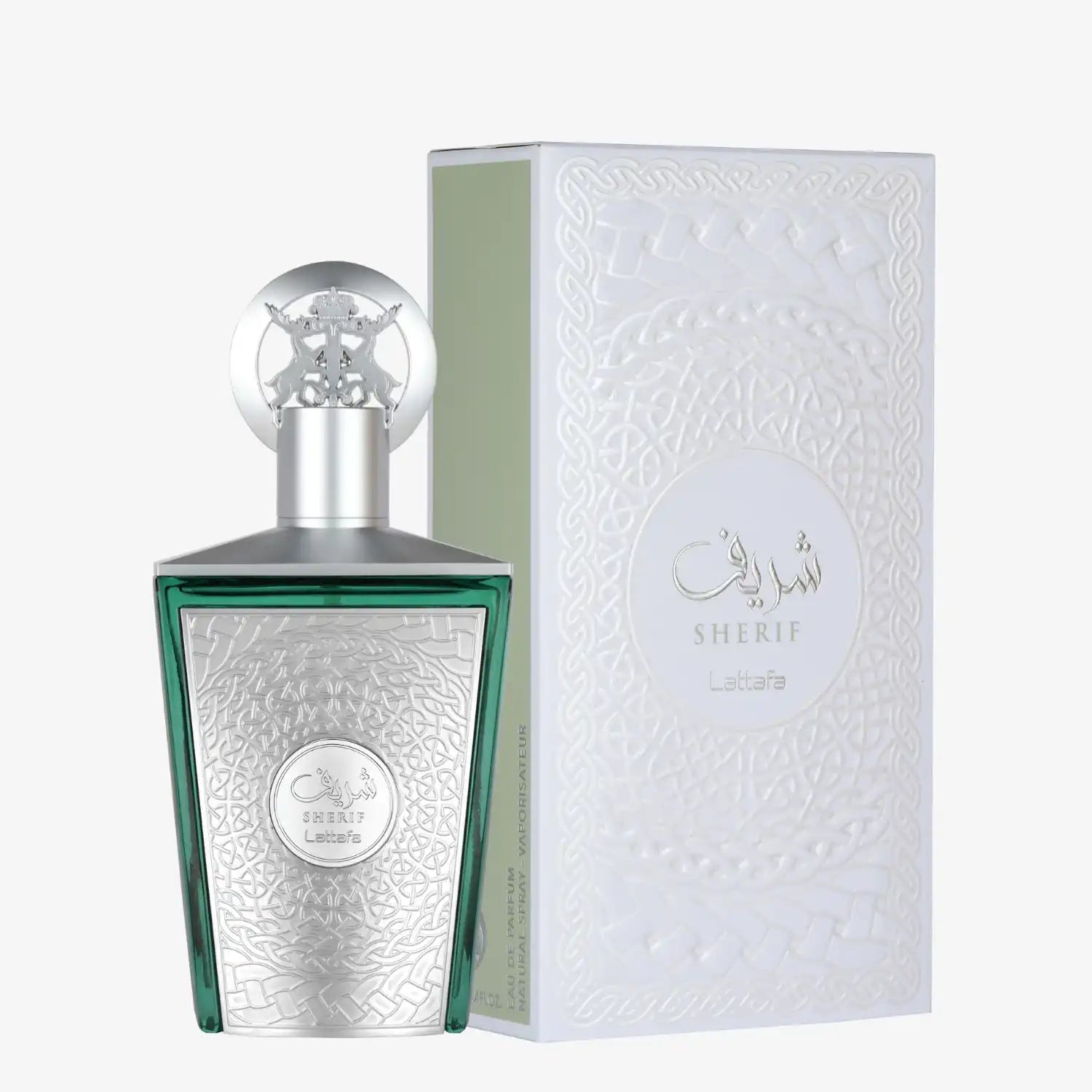 Sherif Lattafa perfume bottle with silver embossed design and matching box