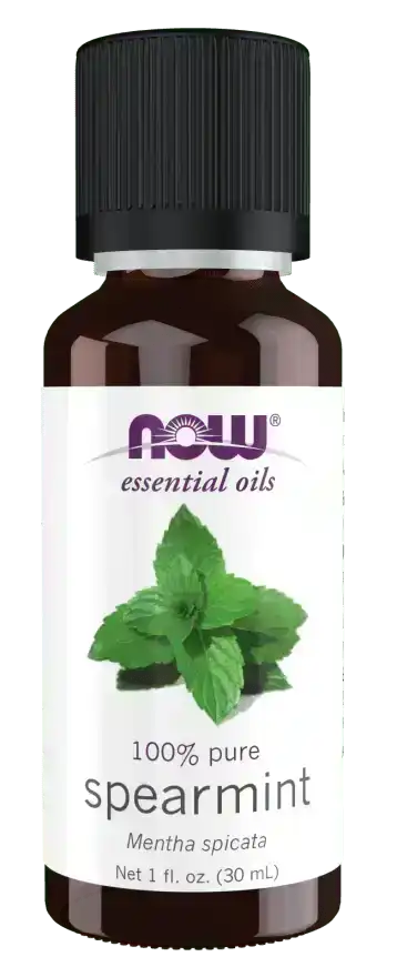 Glass bottle of 100% pure spearmint essential oil with spearmint leaves on label