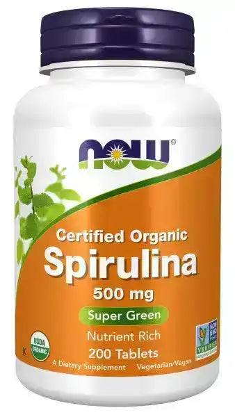 Certified organic spirulina 500mg tablets bottle, vegetarian superfood supplement