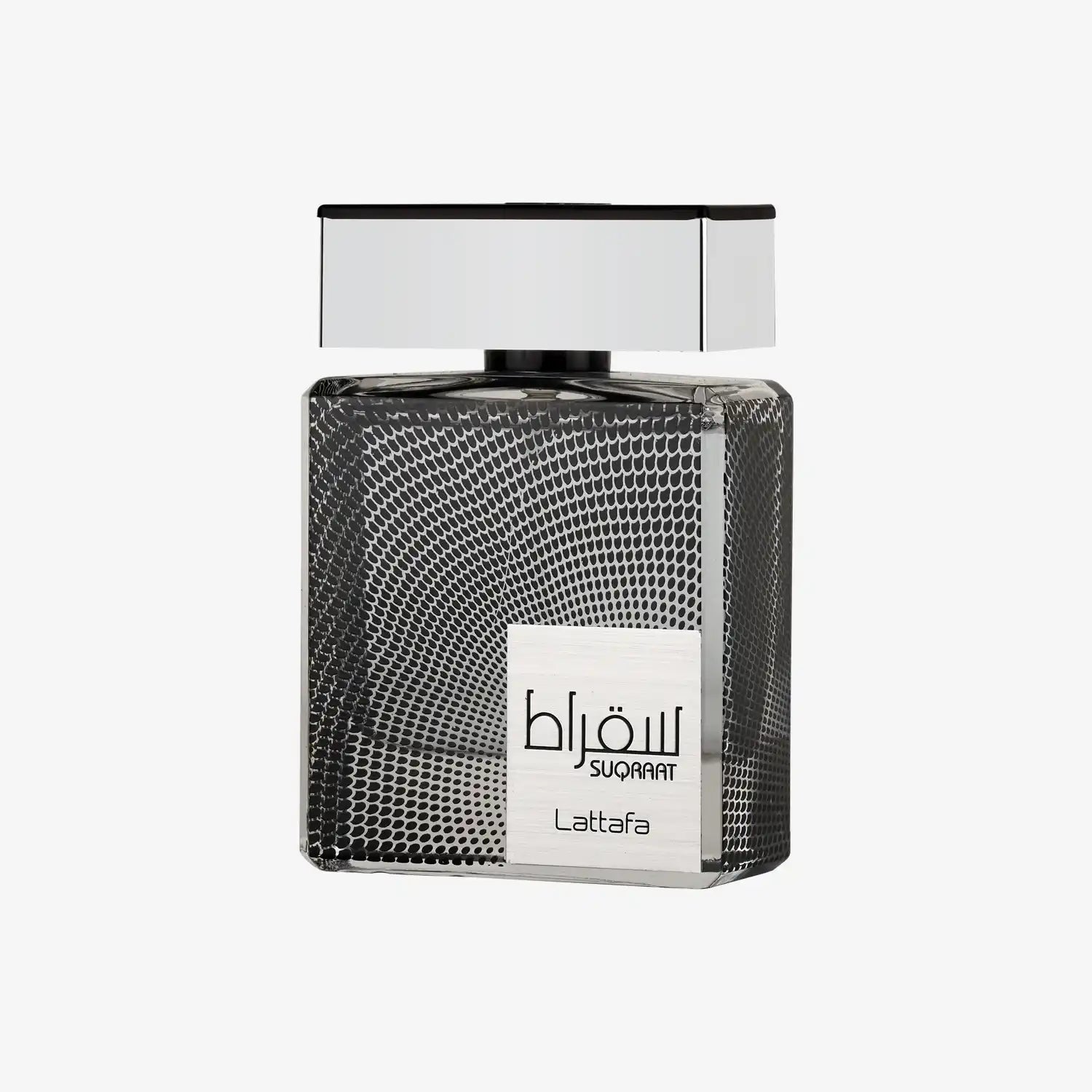 Suqraat Lattafa Eau de Parfum bottle with geometric mesh design and metallic cap
