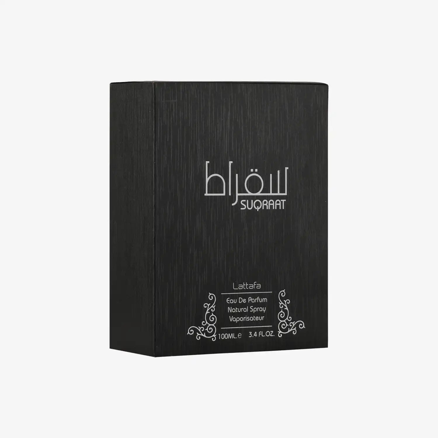 Lattafa Suqraat Eau De Parfum 100ml black box with silver Arabic and English text