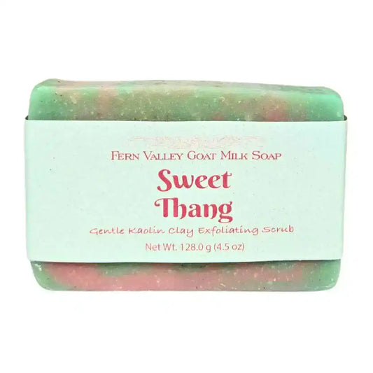 Sweet Thang goat milk soap bar with gentle kaolin clay exfoliating scrub, green and pink swirled natural soap