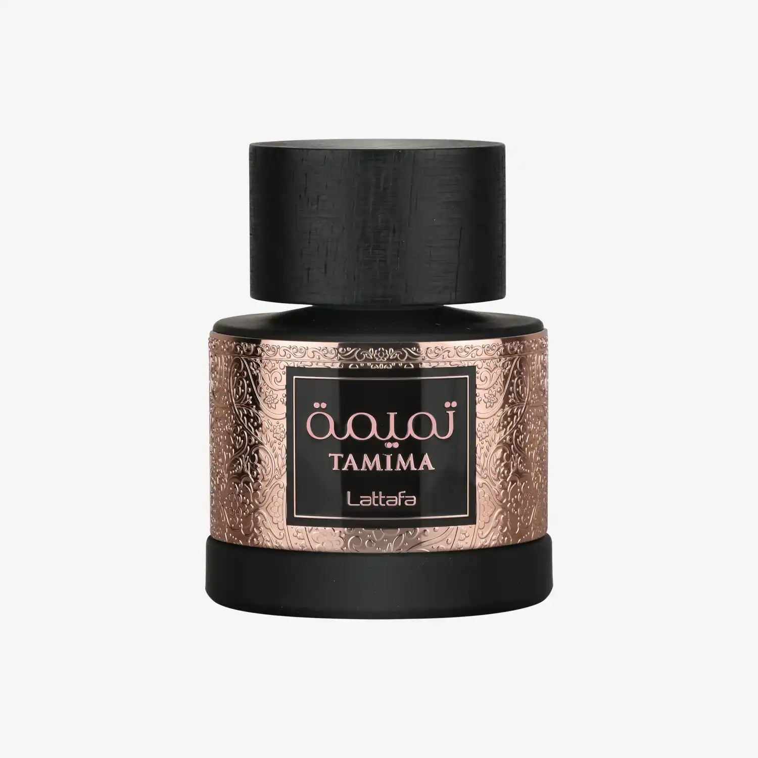 Luxury Tamima Lattafa perfume bottle with intricate rose gold detailing on white background