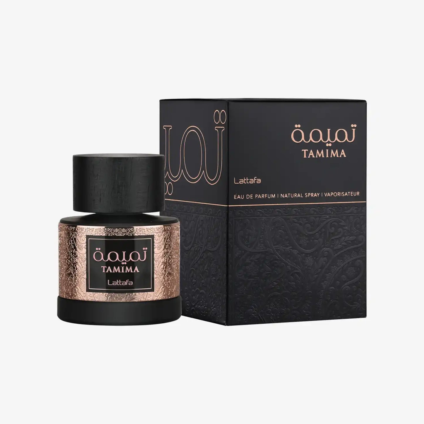 Lattafa Tamima eau de parfum bottle and box with Middle Eastern design accents