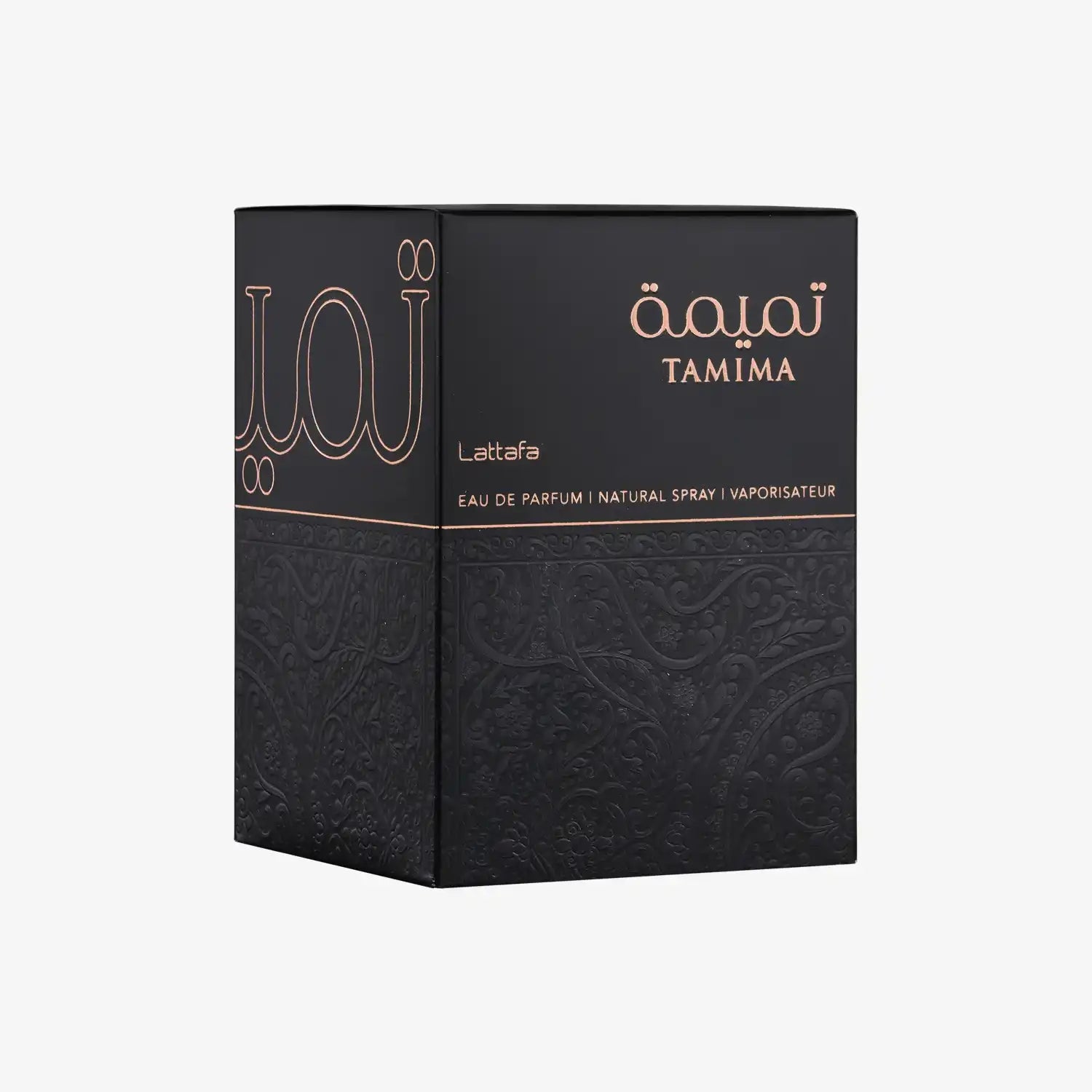 Tamima Eau de Parfum by Lattafa, black box with gold Arabic and English text, ornate pattern