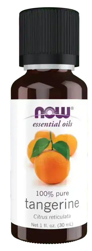 Brown glass bottle of 100% pure tangerine essential oil with tangerine fruit illustration on label