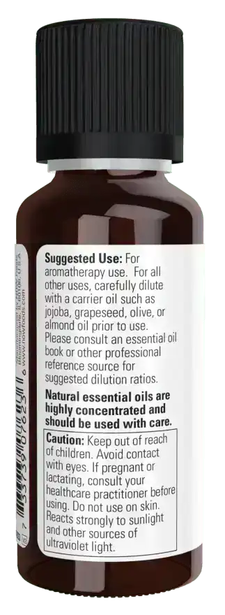 Brown glass bottle of tangerine essential oil with black cap and usage instructions on label.