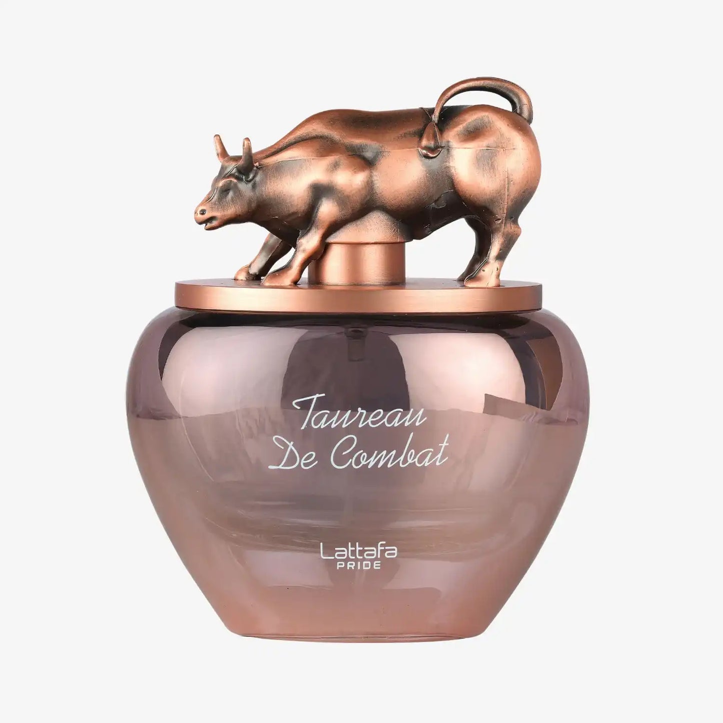 Taureau De Combat perfume bottle with bronze bull figurine lid and elegant script