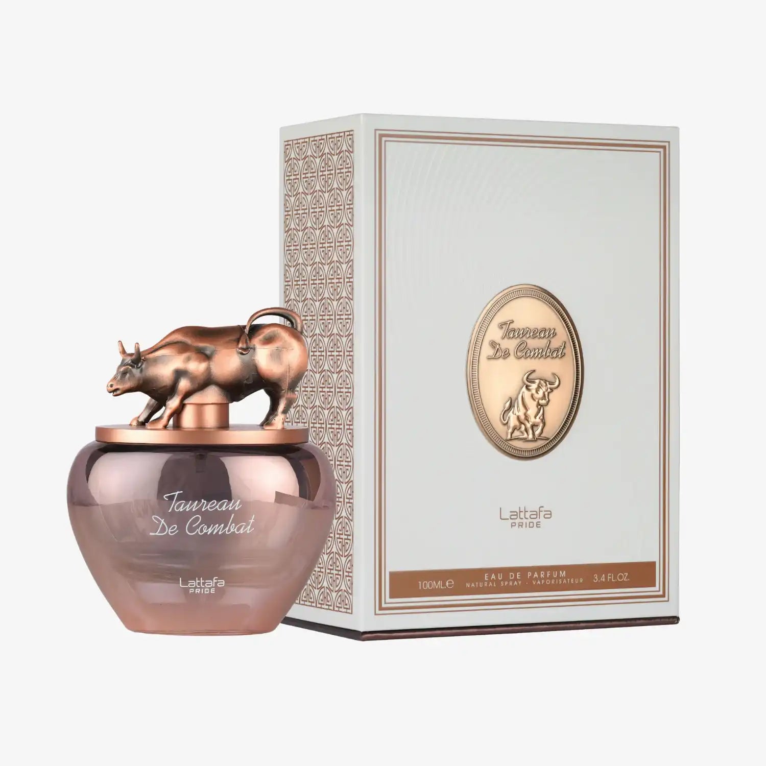 Taureau De Combat perfume bottle with metallic bull cap and matching decorative box.
